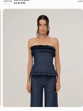 Strapless Ruffle Denim Peplum Top - Navy
